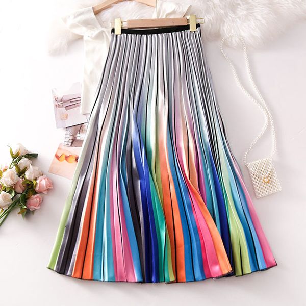 women's rainbow striped laser print european summer printing high waist a-line big swing pleated midi skirts female, Black
women's rainbow striped laser print european summer printing high waist a-line big swing pleated midi skirts female, Black