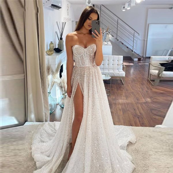 strapless sequined a line formal evening dresses high side split sweep train prom party gowns, Black;red
strapless sequined a line formal evening dresses high side split sweep train prom party gowns, Black;red