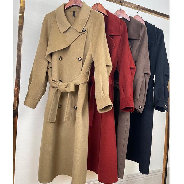 women's wool & blends special windbreaker style 100% double-sided tweed coat long lace up slim double row button, Black
women's wool & blends special windbreaker style 100% double-sided tweed coat long lace up slim double row button, Black