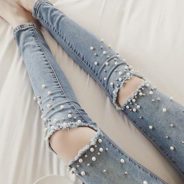 fashion women knee hole denim jeans destroyed skinny pearl beading ripped ankle pencil pants boyfriend femme trouser women's, Blue
fashion women knee hole denim jeans destroyed skinny pearl beading ripped ankle pencil pants boyfriend femme trouser women's, Blue