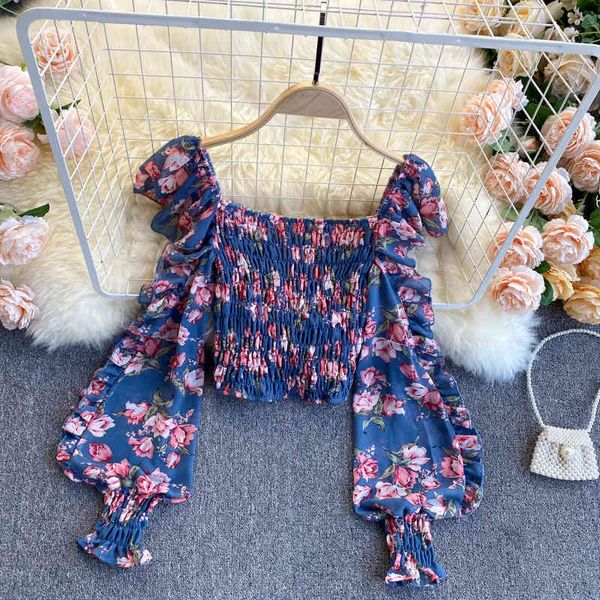 blouses women chiffon ruched blouse spring square collar ruffle sleeve elastic korean floral print short blouses, White
blouses women chiffon ruched blouse spring square collar ruffle sleeve elastic korean floral print short blouses, White