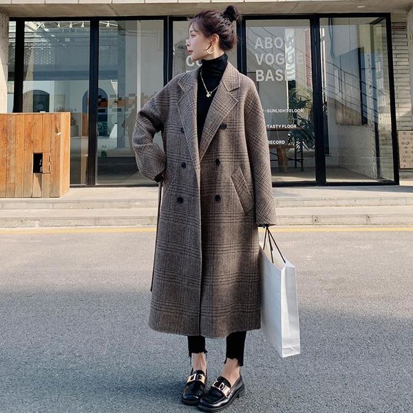women's wool & blends blend loose coat long winter cashmere coffee plaid double-breasted england harajuku quality jacket, Black
women's wool & blends blend loose coat long winter cashmere coffee plaid double-breasted england harajuku quality jacket, Black