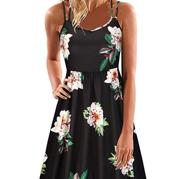 neck printed 2019 suspender women's round summer sleeveless dress for women, White;black
neck printed 2019 suspender women's round summer sleeveless dress for women, White;black