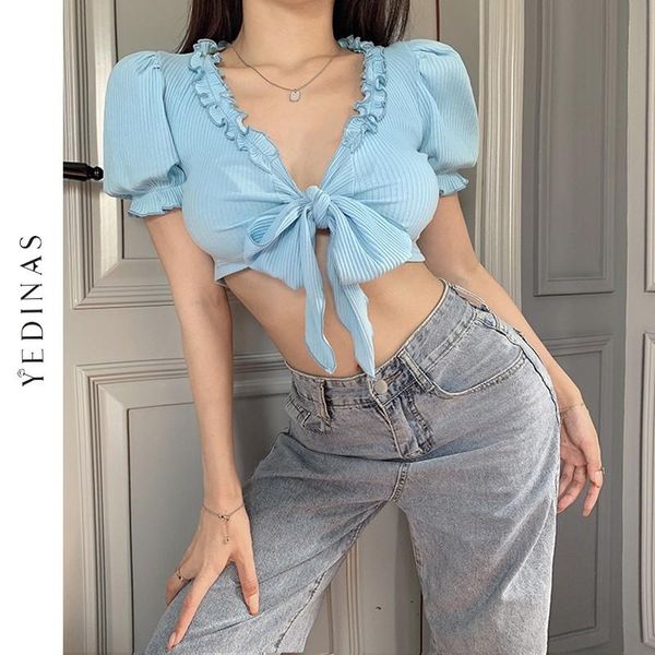 women's t-shirt yedinas deep v-neck crop summer women short lantern sleeve blue cropped t shirt slim bow design korean tee streetwe, White
women's t-shirt yedinas deep v-neck crop summer women short lantern sleeve blue cropped t shirt slim bow design korean tee streetwe, White
