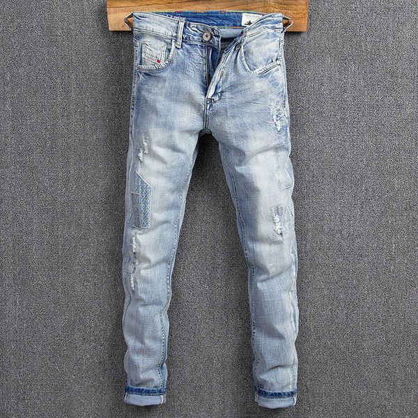 men's jeans streetwear fashion retro light blue elastic cotton slim fit ripped patches designer hip hop denim punk pants 2u40
men's jeans streetwear fashion retro light blue elastic cotton slim fit ripped patches designer hip hop denim punk pants 2u40
