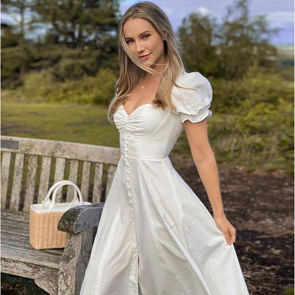 puff sleeve a line women dress party midi white high split dresses summer street, Black;gray
puff sleeve a line women dress party midi white high split dresses summer street, Black;gray