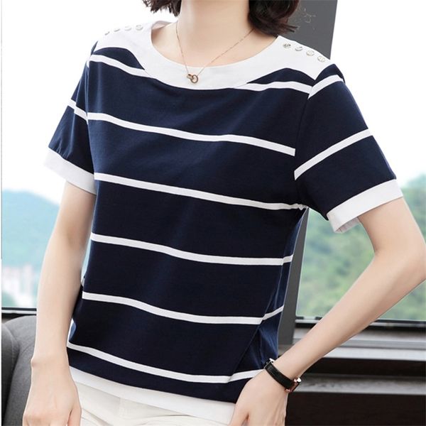 button stripe t shirt women summer woman fashion short sleeve t- cotton tshirt plus size clothing tee femme 210708, White 
button stripe t shirt women summer woman fashion short sleeve t- cotton tshirt plus size clothing tee femme 210708, White