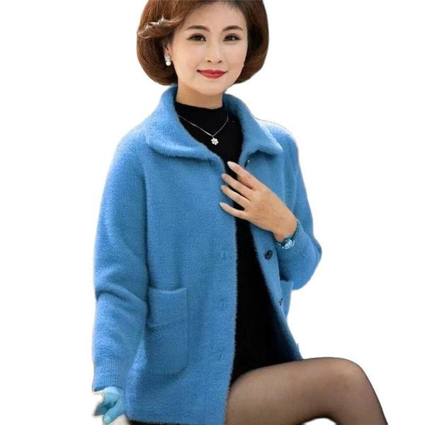 women's wool & blends middle-aged elderly autumn winter knitting cardigan coats imitate mink fleece loose single breasted ladies blouse, Black
