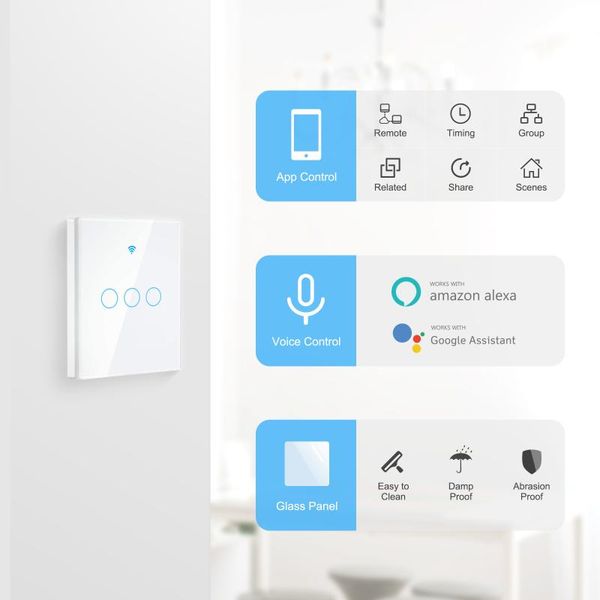 smart home control tuya wifi touch light switch, neutral wire required wall switch eu 1 2 3 gang, work with alexa google no hub
smart home control tuya wifi touch light switch, neutral wire required wall switch eu 1 2 3 gang, work with alexa google no hub