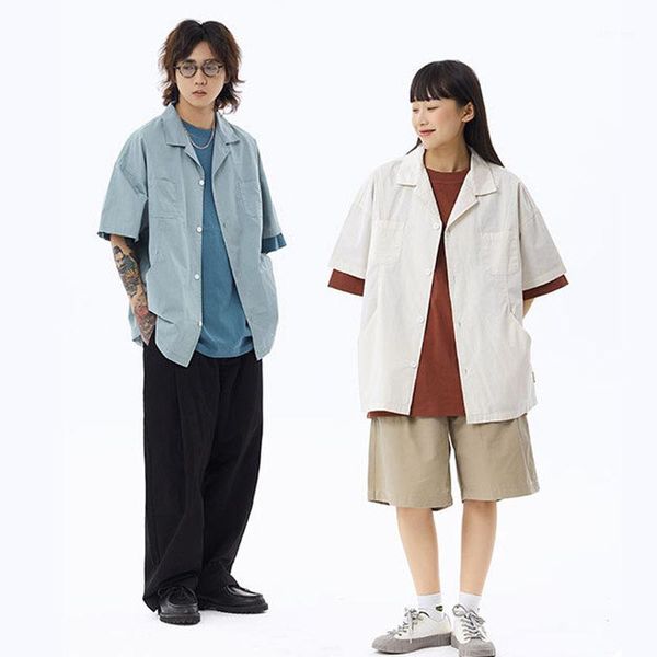 men summer loose casual solid collar turn short sleeve cotton shirt male japan korea streetwear hip hop couple shirts men's, White;black
men summer loose casual solid collar turn short sleeve cotton shirt male japan korea streetwear hip hop couple shirts men's, White;black