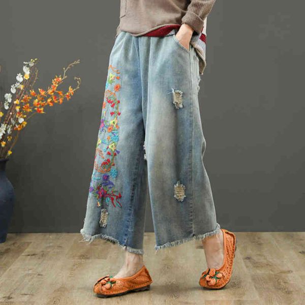 women's jeans vintage flower embroidered for women elastic waist ripped hole female wide leg denim pants pantalon femme colz, Blue
women's jeans vintage flower embroidered for women elastic waist ripped hole female wide leg denim pants pantalon femme colz, Blue