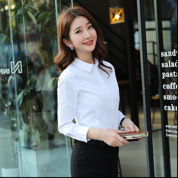 long sleeved solid color women shirt autumn slim office work clothes formal for, White
long sleeved solid color women shirt autumn slim office work clothes formal for, White