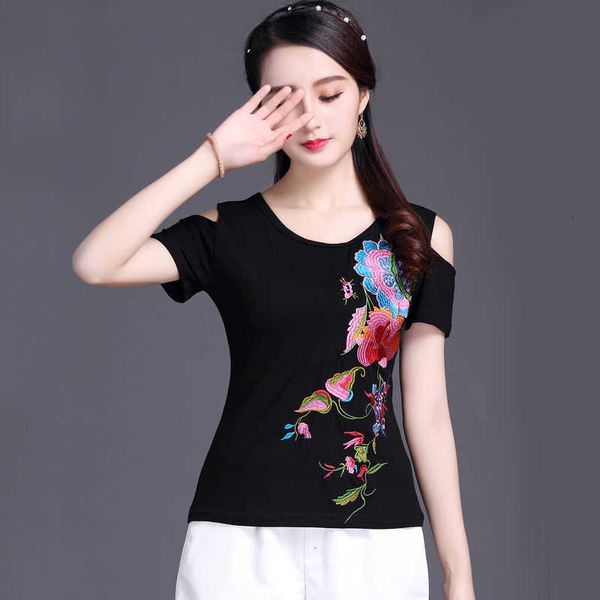 women's t-shirt women off shoulder short sleeve 100% cotton t shirt ethnic embroidery plus size ladies casual black lh1m, White
women's t-shirt women off shoulder short sleeve 100% cotton t shirt ethnic embroidery plus size ladies casual black lh1m, White