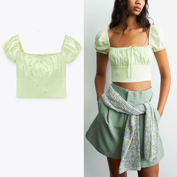 blouses linen cropped summer women short sleeve smocked elastic blouse woman chic front bow square neck green shirt, White
blouses linen cropped summer women short sleeve smocked elastic blouse woman chic front bow square neck green shirt, White