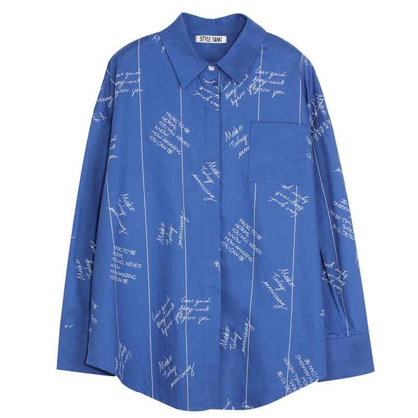 women blue white letter print turn down collar long sleeve shirt loose high street b0201 210514
women blue white letter print turn down collar long sleeve shirt loose high street b0201 210514