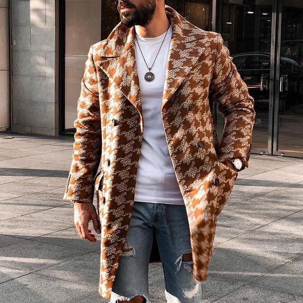 men's mid-length wool coat, wool suit collar, plaid print, winter fashion, high street style, warm, Black
men's mid-length wool coat, wool suit collar, plaid print, winter fashion, high street style, warm, Black