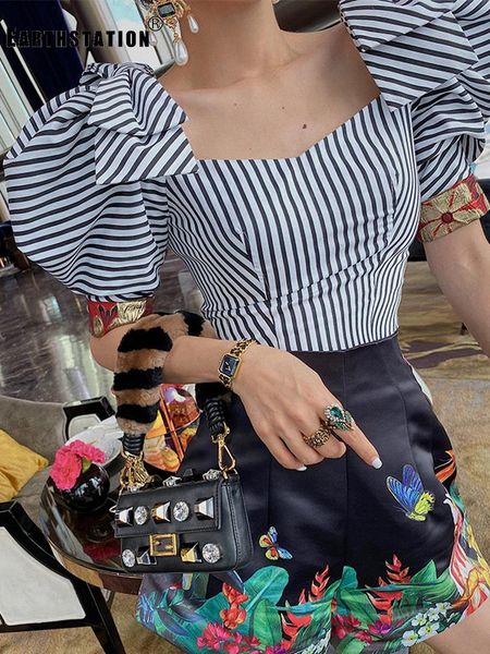 women's blouses & shirts square collar bowknot bubble sleeve contrast cuffs short stripes shirt summer fashion personality all-match, White
women's blouses & shirts square collar bowknot bubble sleeve contrast cuffs short stripes shirt summer fashion personality all-match, White