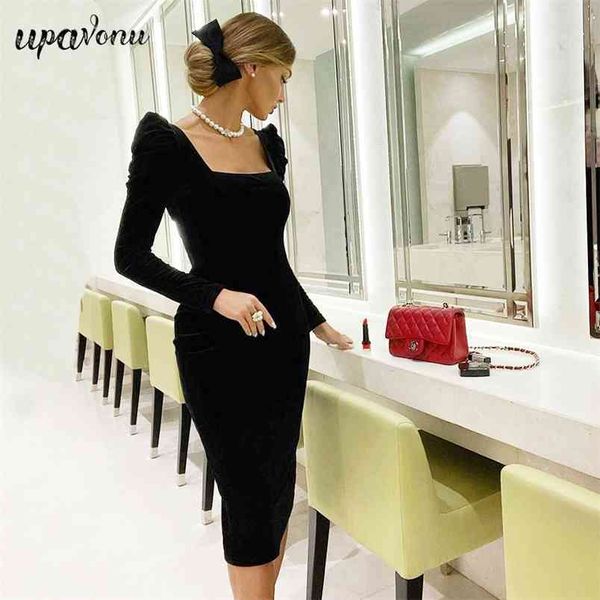 women's black velvet dress elegant square neck bubble long sleeve bodycon midi club party vestidos 210524, Black;gray
women's black velvet dress elegant square neck bubble long sleeve bodycon midi club party vestidos 210524, Black;gray