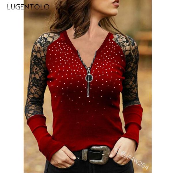 women's t-shirt lace women slim large size long sleeve zipper v-neck lady solid spring summer t-shirts lugentolo, White
women's t-shirt lace women slim large size long sleeve zipper v-neck lady solid spring summer t-shirts lugentolo, White