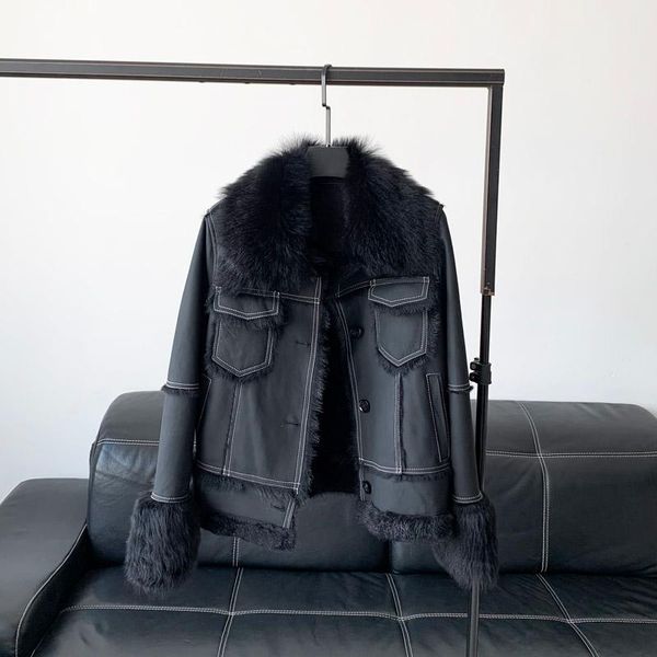 women's fur & faux 2021 winter tuscan one body coat female short motorcycle lamb leather trend women wool, Black 
women's fur & faux 2021 winter tuscan one body coat female short motorcycle lamb leather trend women wool, Black