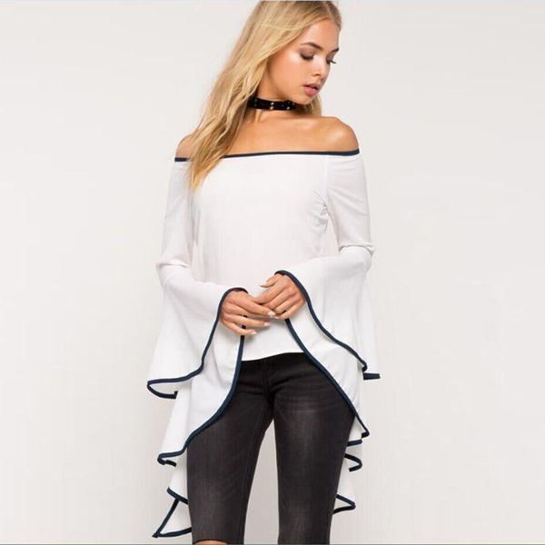 women's blouses & shirts women flouncing flared sleeve blouse off shoulder slash neck slim blusas, White
women's blouses & shirts women flouncing flared sleeve blouse off shoulder slash neck slim blusas, White