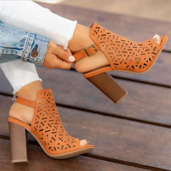 fashion women's large sandals summer fish mouth hollow laser wood grain thick high heels, Black 
fashion women's large sandals summer fish mouth hollow laser wood grain thick high heels, Black