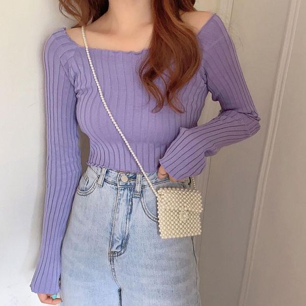 women's sweaters retro slim-fit sweater female solid color knit crop 2021 square collar long sleeve for women, White;black
women's sweaters retro slim-fit sweater female solid color knit crop 2021 square collar long sleeve for women, White;black