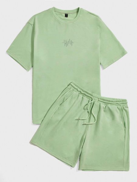 men drop shoulder graphic pattern tee & drawstring waist track shorts 027g#, Gray
men drop shoulder graphic pattern tee & drawstring waist track shorts 027g#, Gray