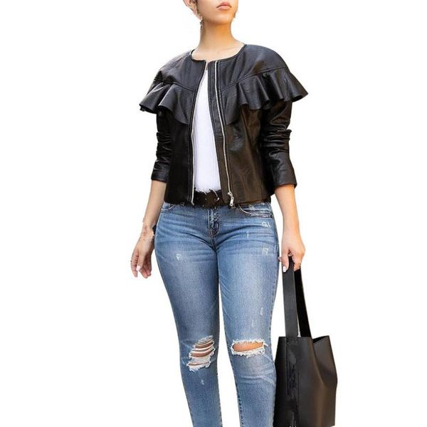 women's leather & faux 2021 spring zipper ruffles jacket women long sleeve o-neck pu coat slim black motorcycle jackets
women's leather & faux 2021 spring zipper ruffles jacket women long sleeve o-neck pu coat slim black motorcycle jackets