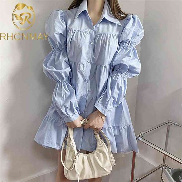 summer korean chic sweet turn down collar solid color single breasted pleated long puff white sleeve shirt dress 210506, Black;gray
summer korean chic sweet turn down collar solid color single breasted pleated long puff white sleeve shirt dress 210506, Black;gray