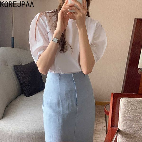 korejpaa women set summer korean chic simple round neck solid color loose puff sleeve shirt high waist bag hip slit skirt 210526, White
korejpaa women set summer korean chic simple round neck solid color loose puff sleeve shirt high waist bag hip slit skirt 210526, White