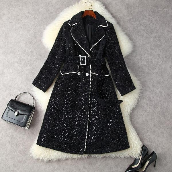 women's wool & blends european and american clothing winter 2022 long sleeve beaded double breasted belt fashion sequined coat, Black
women's wool & blends european and american clothing winter 2022 long sleeve beaded double breasted belt fashion sequined coat, Black