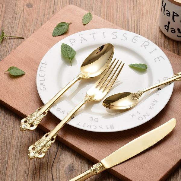 4pcs/set luxury gold cutlery wedding dinnerware stainless steel retro dinning set knife fork spoon golden tableware xmas gift sets
4pcs/set luxury gold cutlery wedding dinnerware stainless steel retro dinning set knife fork spoon golden tableware xmas gift sets