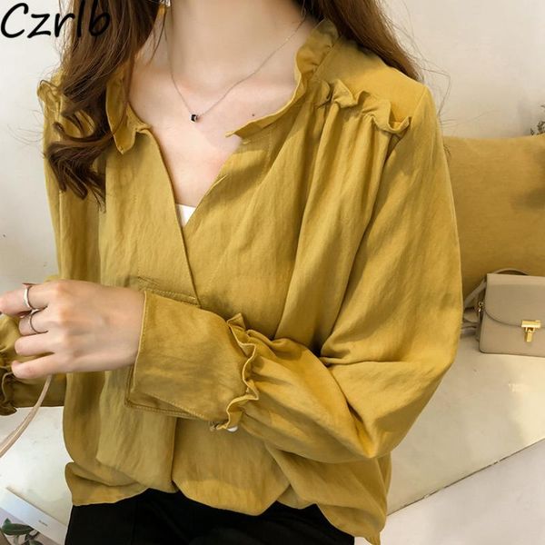 women's blouses & shirts blouse women trendy solid long sleeve v-neck all-match casual minimalist daily students basic oversize ladies, White
women's blouses & shirts blouse women trendy solid long sleeve v-neck all-match casual minimalist daily students basic oversize ladies, White