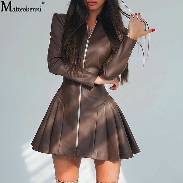 Women Autumn PU Leather Black Brown Mini Dress Long Sleeve High Collar Zipper Elegant Fashion Solid Party Club Bodycon Dress
Women Autumn PU Leather Black Brown Mini Dress Long Sleeve High Collar Zipper Elegant Fashion Solid Party Club Bodycon Dress