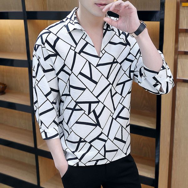 sleeve short t-shirt men's summer new trend stripe casual quarter shirt half wide loose flower lined top, White;black
sleeve short t-shirt men's summer new trend stripe casual quarter shirt half wide loose flower lined top, White;black