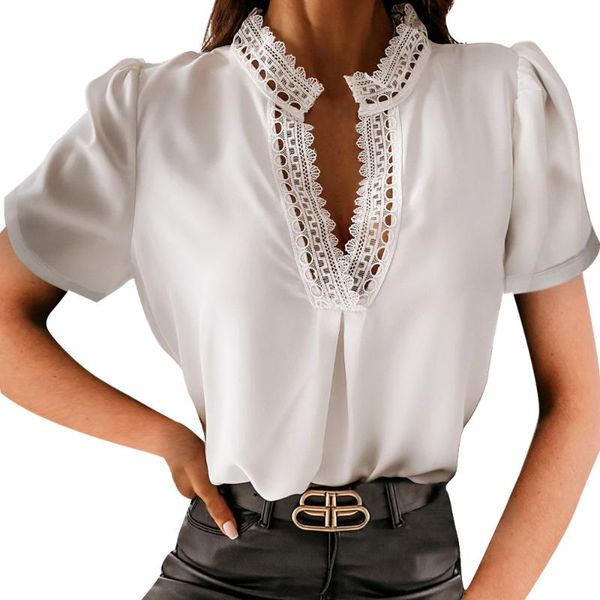 women's t-shirt fashion women casual solid color short sleeves v-neck lace hem shirts summer office lady soild tshirts, White
women's t-shirt fashion women casual solid color short sleeves v-neck lace hem shirts summer office lady soild tshirts, White