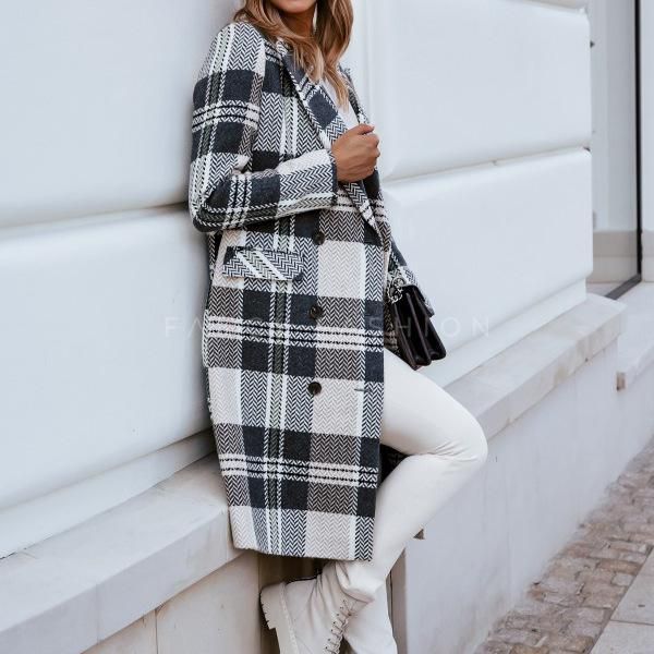 women's wool & blends office lapel woolen coat double-breasted stitching plaid ladies long high street gray, Black
women's wool & blends office lapel woolen coat double-breasted stitching plaid ladies long high street gray, Black