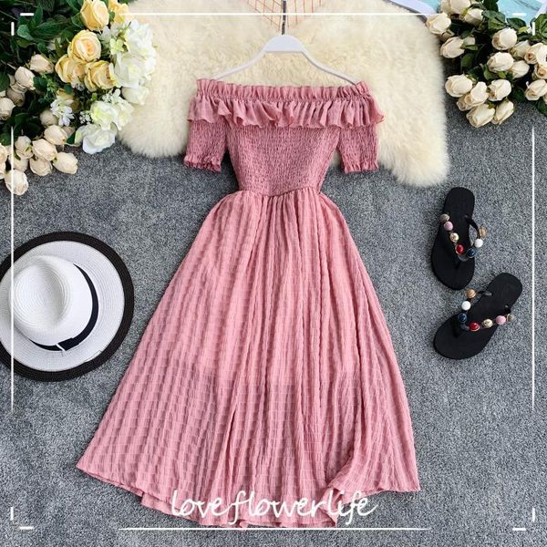 women summer dresses plaid slash neck shouder solid vestidos ruffles a-line high waist dress robe femme 210521, Black;gray 
women summer dresses plaid slash neck shouder solid vestidos ruffles a-line high waist dress robe femme 210521, Black;gray