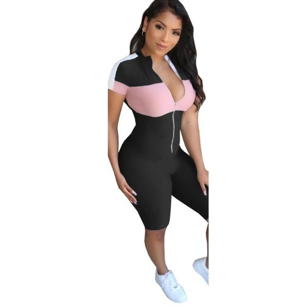 women's jumpsuits & rompers front zipper summer jumpsuit fashion splice short sleeve tight sports fitness casual wear, Black;white
women's jumpsuits & rompers front zipper summer jumpsuit fashion splice short sleeve tight sports fitness casual wear, Black;white