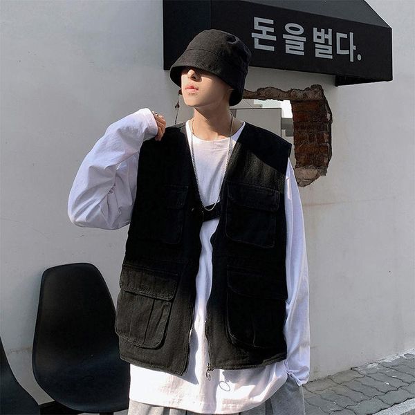 spring and autumn youth fashion men's solid color multi-pocket tooling vest casual all-match black/white jackets, Black;brown
spring and autumn youth fashion men's solid color multi-pocket tooling vest casual all-match black/white jackets, Black;brown