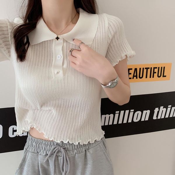 women's t-shirt women 2021 summer shirt wooden ear thin crop female casual short sleeve doll collar buttoned knit cardigan tee, White
women's t-shirt women 2021 summer shirt wooden ear thin crop female casual short sleeve doll collar buttoned knit cardigan tee, White