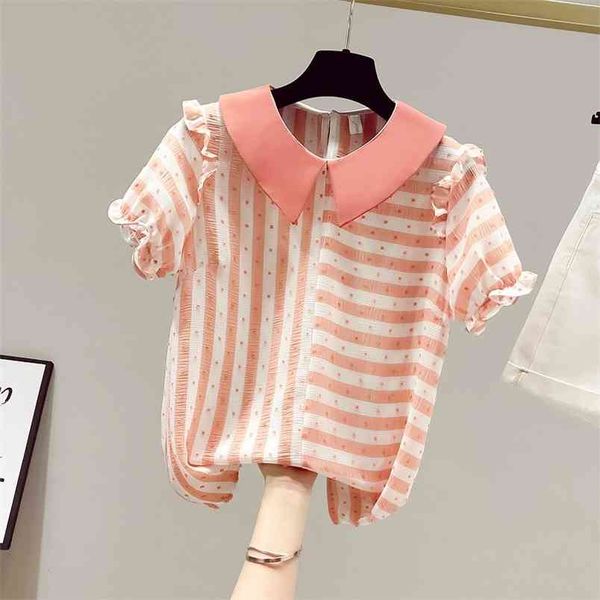 summer women peter pan collar ruffles short sleeves stripe chiffon shirts female casual pullover shirt blouse 210428, White
summer women peter pan collar ruffles short sleeves stripe chiffon shirts female casual pullover shirt blouse 210428, White