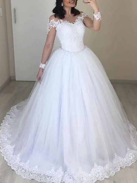 long sleeves bead tulle princess bridal ball gowns plus size country vintage lace wedding dresses, White
long sleeves bead tulle princess bridal ball gowns plus size country vintage lace wedding dresses, White