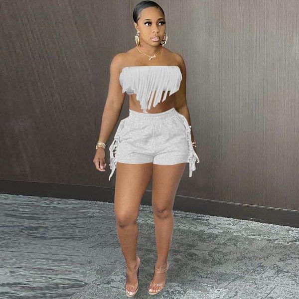 women's tracksuits europe and the united states 2021 summer solid color tube tassel fashion backless shorts two-piece set, Gray
women's tracksuits europe and the united states 2021 summer solid color tube tassel fashion backless shorts two-piece set, Gray