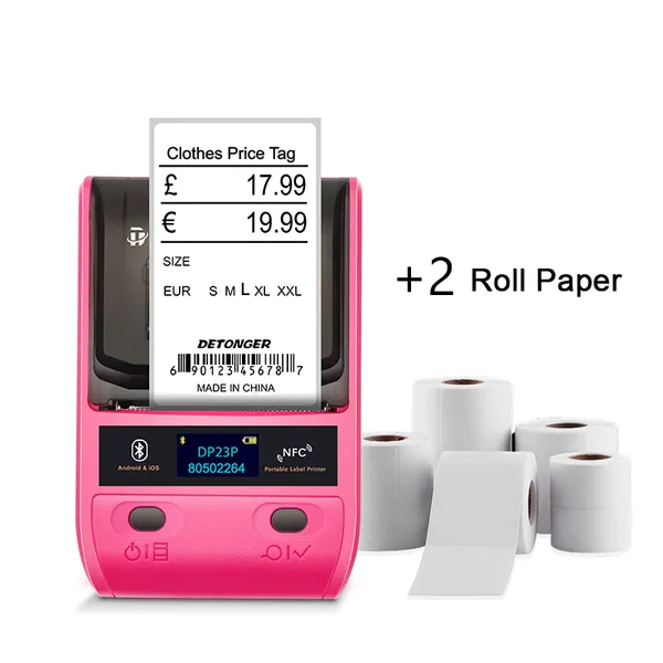 

printer plus 2 rolls white papers detonger 58mm portable thermal label maker bt barcode qr code sticker cable tag printers