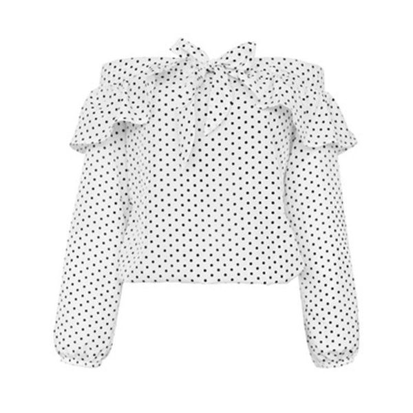 one-line neckline women's dress with off-the-shoulder blouse polka dot and bowknot long sleeve fresh blouses & shirts, White 
one-line neckline women's dress with off-the-shoulder blouse polka dot and bowknot long sleeve fresh blouses & shirts, White