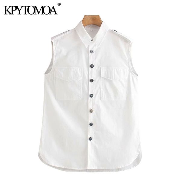 women fashion with pockets button-up blouses vintage lapel collar sleeveless female shirts chic 210420, White 
women fashion with pockets button-up blouses vintage lapel collar sleeveless female shirts chic 210420, White