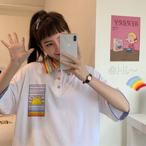 women's t-shirt japanese women's raiow polo collar t-shirt, kawai cartoon large graffiti, short sleeve street children's clo, White
women's t-shirt japanese women's raiow polo collar t-shirt, kawai cartoon large graffiti, short sleeve street children's clo, White