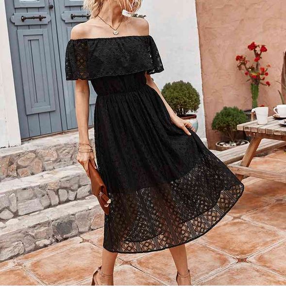 a line short sleeve black pink new summer lace off the shoulder women casual slash neck solid high waist mid-calf dress, Black;gray
a line short sleeve black pink new summer lace off the shoulder women casual slash neck solid high waist mid-calf dress, Black;gray